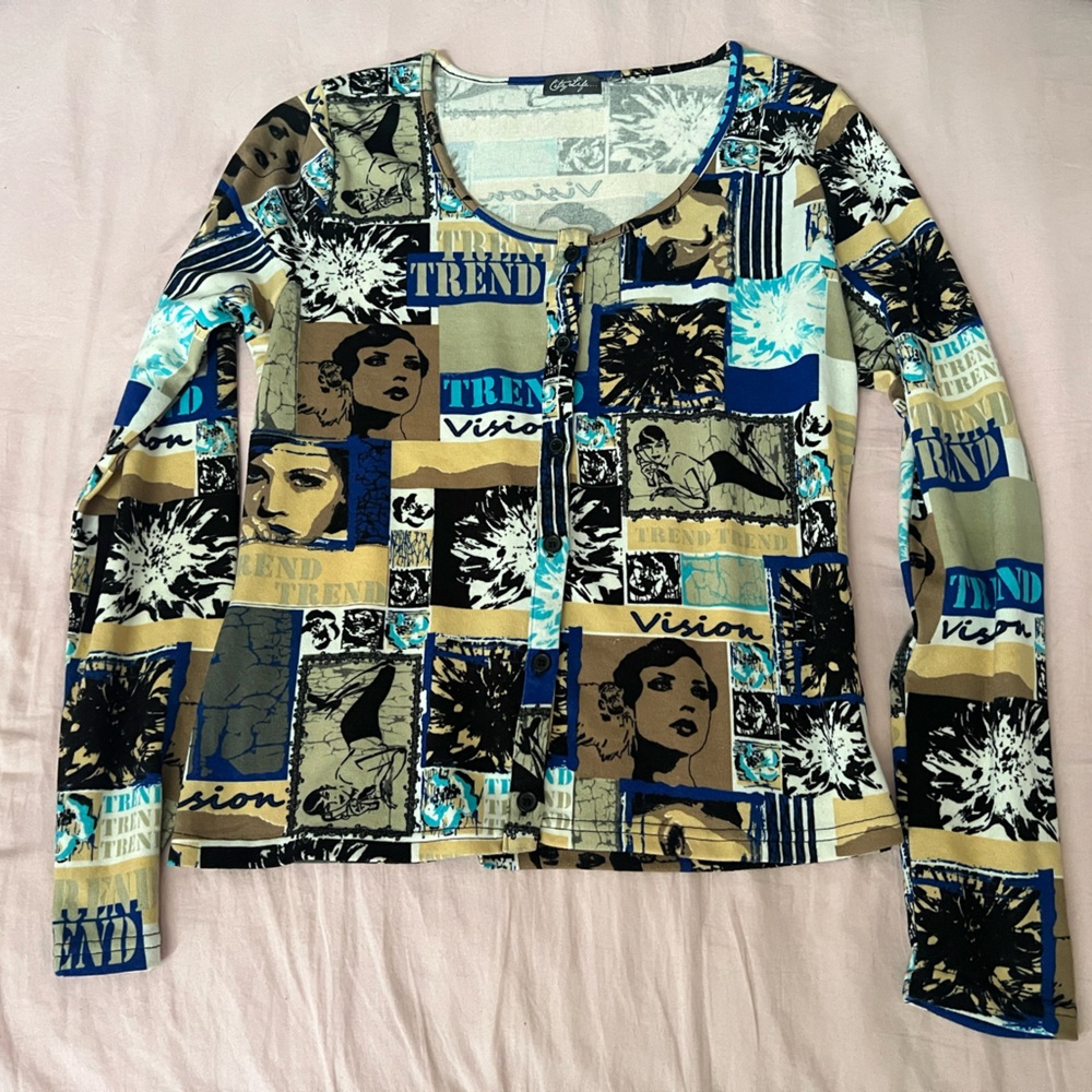 Y2K Euro Inspired Graphic Print Women's Blouse - Blue and Tan
